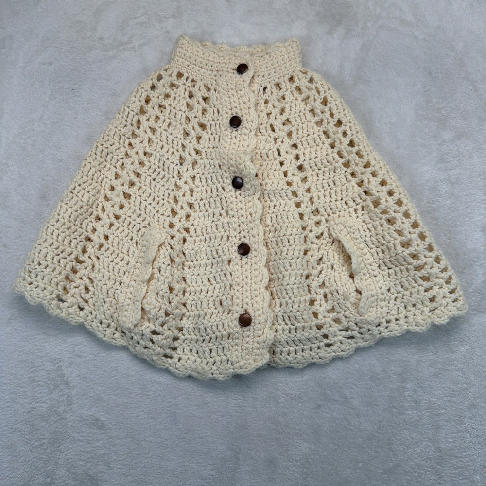 Vintage Handmade Crochet Capelet Poncho Ivory Button Front Boho One Size